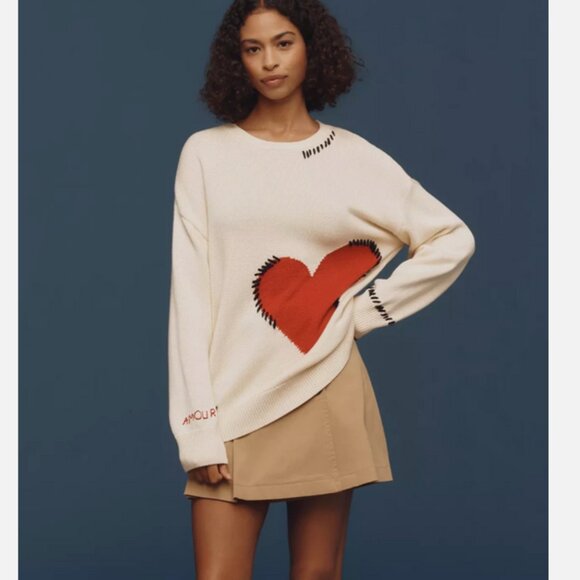 Anthropologie Maeve Crew-Neck Whipstitch Heart Icon Sweater Size S MWT Small - Picture 5 of 6